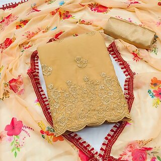                       Sharda Creation Golden Georgette Embroidered Unstitched Dress                                              