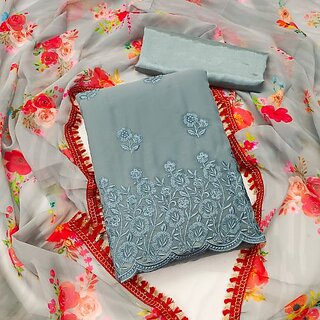                       Sharda Creation Silver Georgette Embroidered Unstitched Dress                                              