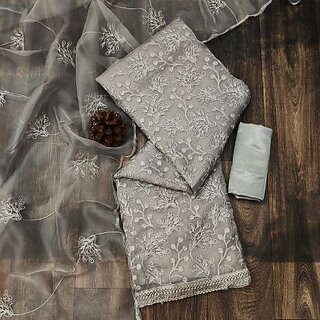                       Sharda Creation Silver Oraganza Embroidered Unstitched Dress                                              