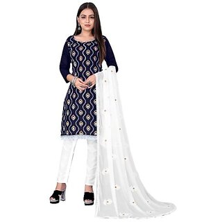                       Sharda Creation Blue Polycotton Embroidered Unstitched Dress                                              