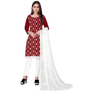                       Sharda Creation Red Polycotton Embroidered Unstitched Dress                                              