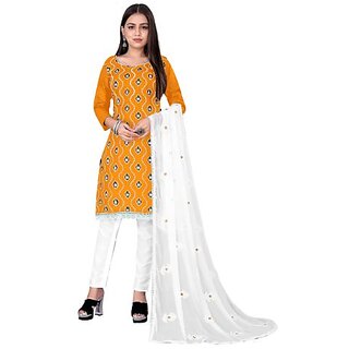                       Sharda Creation Yellow Polycotton Embroidered Unstitched Dress                                              