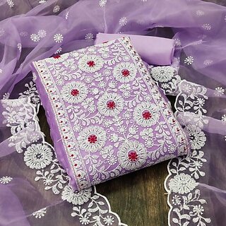                       Sharda Creation Purple Oraganza Embroidered Unstitched Dress                                              
