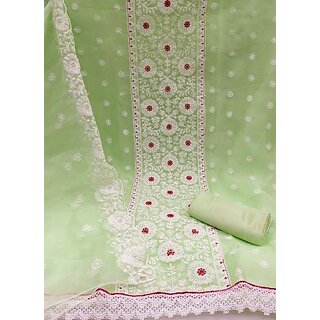                       Sharda Creation Green Oraganza Embroidered Unstitched Dress                                              