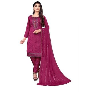                       Sharda Creation Pink Chanderi Embroidered Unstitched Dress                                              