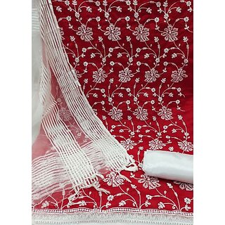                       Sharda Creation Red Chanderi Embroidered Unstitched Dress                                              