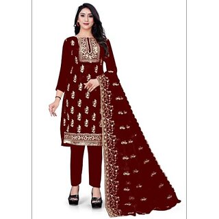                       Sharda Creation Brown Oraganza Embroidered Unstitched Dress                                              