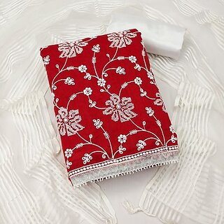                       Sharda Creation Red Chanderi Embroidered Unstitched Dress                                              