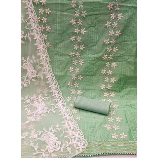                       Sharda Creation Green Chanderi Embroidered Unstitched Dress                                              