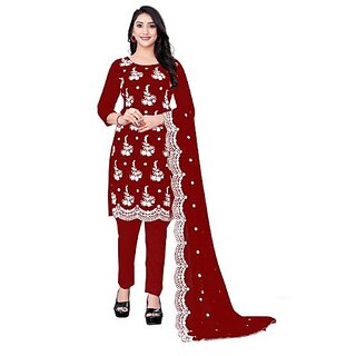                       Sharda Creation Red Georgette Embroidered Unstitched Dress                                              