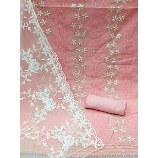                       Sharda Creation Pink Chanderi Embroidered Unstitched Dress                                              