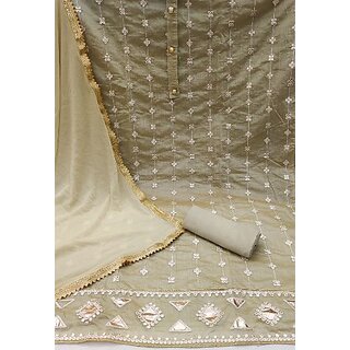                       Sharda Creation Golden Chanderi Embroidered Unstitched Dress                                              