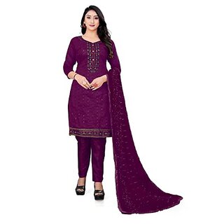                       Sharda Creation Purple Chanderi Embroidered Unstitched Dress                                              