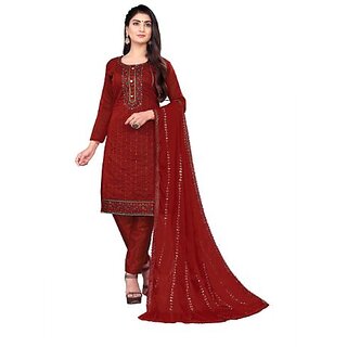                       Sharda Creation Red Chanderi Embroidered Unstitched Dress                                              