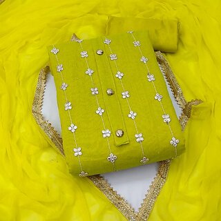                      Sharda Creation Yellow Chanderi Embroidered Unstitched Dress                                              