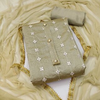                       Sharda Creation Golden Chanderi Embroidered Unstitched Dress                                              