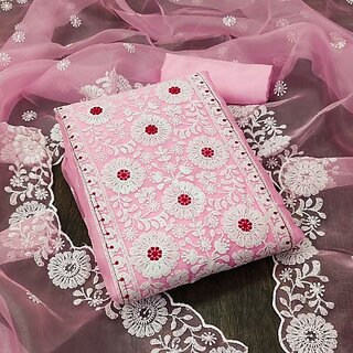                       Sharda Creation Pink Oraganza Embroidered Unstitched Dress                                              