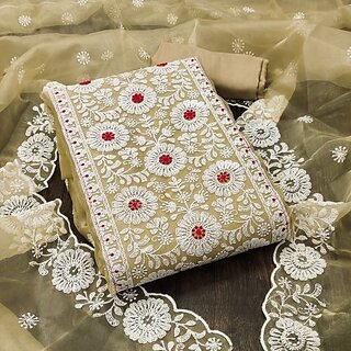                       Sharda Creation Gold Oraganza Embroidered Unstitched Dress                                              