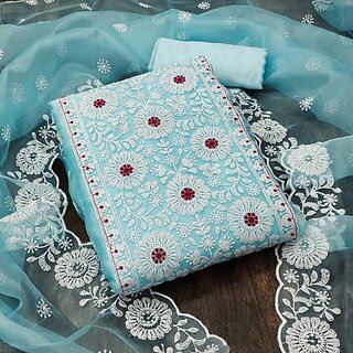                       Sharda Creation Aqua Oraganza Embroidered Unstitched Dress                                              