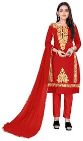 Sharda Creation Red Polycotton Embroidered Unstitched Dress