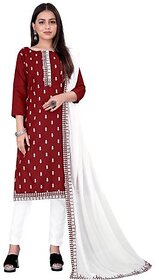 Sharda Creation Wine Cotton Embroidered Unstitched Dress