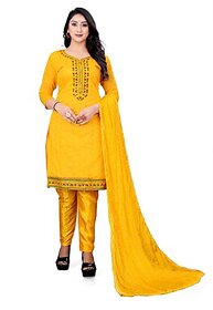 Sharda Creation Yellow Chanderi Embroidered Unstitched Dress