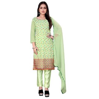                       Sharda Creation Green Chanderi Embroidered Unstitched Dress                                              