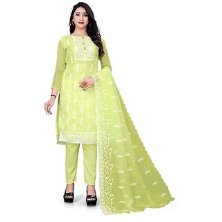                       Sharda Creation Green Oraganza Embroidered Unstitched Dress                                              