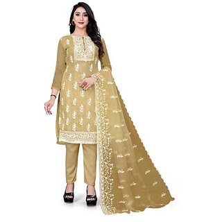                       Sharda Creation Gold Oraganza Embroidered Unstitched Dress                                              