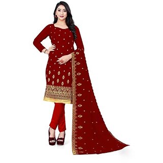                       Sharda Creation Red Georgette Embroidered Unstitched Dress                                              