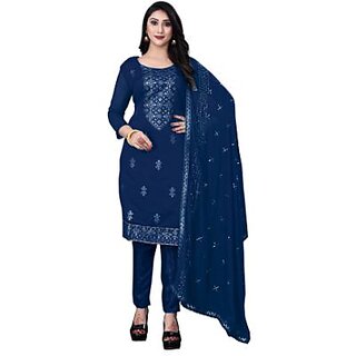                       Sharda Creation Blue Chanderi Embroidered Unstitched Dress                                              