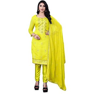                       Sharda Creation Yellow Chanderi Embroidered Unstitched Dress                                              
