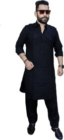 Preen Mens Double Pocket  Pathani Suit / Kurta Pajama Set Black
