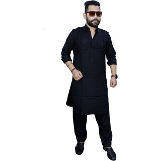                       Preen Mens Double Pocket  Pathani Suit / Kurta Pajama Set Black                                              