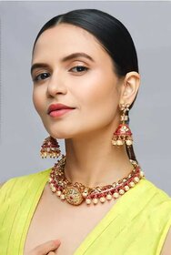 Wedding Indian Kundan Gold Plated Queen's Red hasli (necklace) with rose gold pearls and earrings for wedding, Bollywood