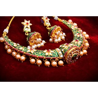                       Wedding Indian Kundan Gold Plated Royal Green hasli (necklace) with rose gold pearls and earrings for wedding, Bollywood                                              