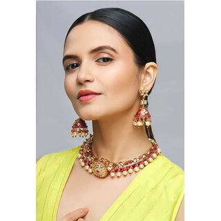                      Wedding Indian Kundan Gold Plated Queen's Red hasli (necklace) with rose gold pearls and earrings for wedding, Bollywood                                              