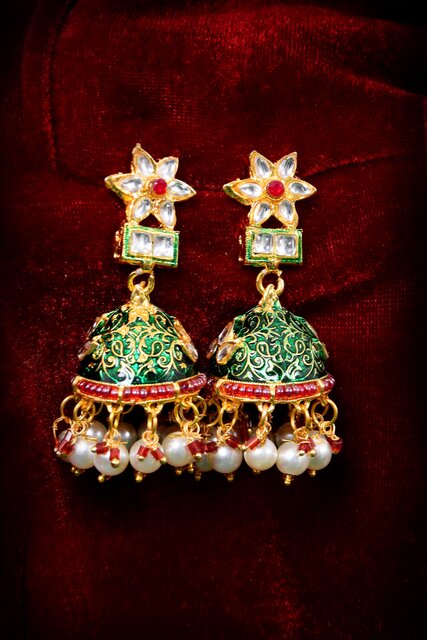 22K Gold Plated Indian 3 inch Long Fashion Earrings Wedding Set gnj955   Gems  Joys