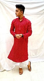 TAVAN Men Bandhani Pure Cotton Straight Kurta (Red)