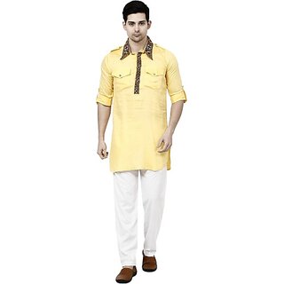                       TAVAN Men Embroidered Pure Cotton Pathani Kurta (Yellow)                                              