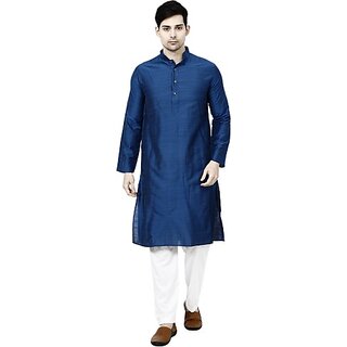                       TAVAN Men Self Design Cotton Silk Straight Kurta (Blue)                                              