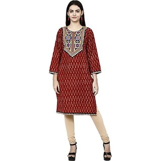                       TAVAN Women Self Design Pure Cotton Straight Kurta (Red)                                              