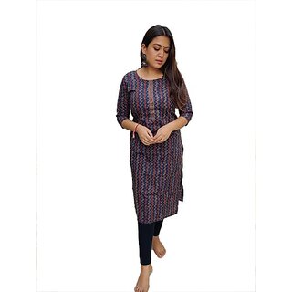                       TAVAN Women Kalamkari Pure Cotton Straight Kurta (Blue)                                              