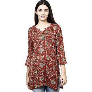                       TAVAN Women Printed Viscose Rayon Straight Kurta (Red)                                              