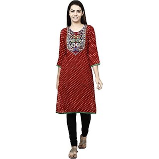                       TAVAN Women Bandhani Viscose Rayon Straight Kurta (Red)                                              