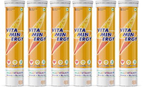 Vitaminergy Multivitamin Effervescent Tablet (6 Tubes with 10 Effervescent Tablet) 20 Essential Vitamins, Orange Flavour