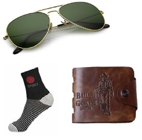 Adam Jones Green Aviator UV Protected Unisex Sunglasses With Socks Assorted Color And Mens' Wallet