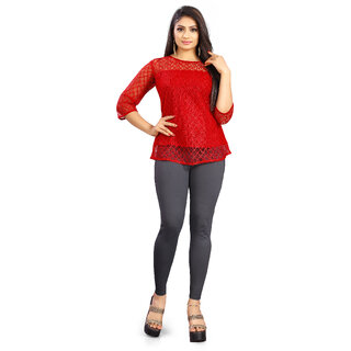                       BHAGYASHRAY Women Red  Crepe And Net Crop Top                                              