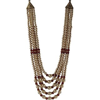                       Silver Shine Exclusive Two Triangle with Golden Moti and Maroon Stone Traditional Designer Groom mala for Sherwani Men's Jewellery Alloy Necklace                                              