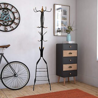 Locomoto Solid Metal 7 Hook Coat Hanger Clothes Stand Hanging Pole Wrought Iron Rack Standing Shelf Unit with Shoes Rack